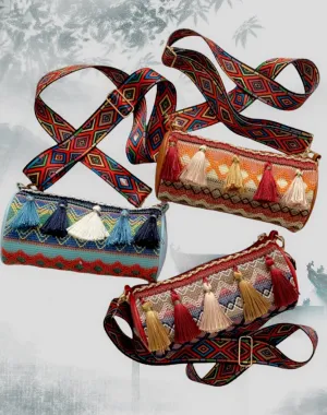 JCBA33003 Ethnic Embroidered Round Barrel Bag with Tassel Details