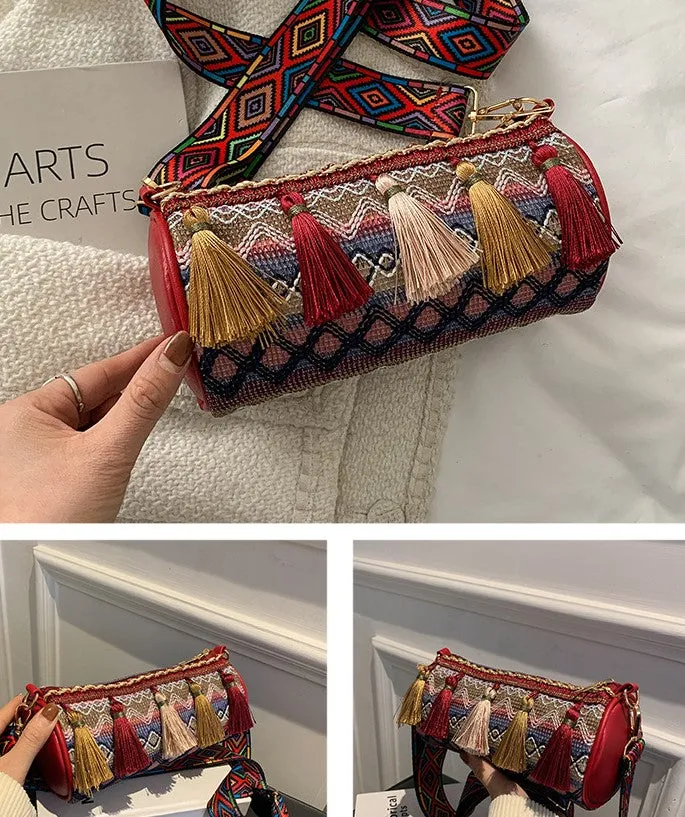 JCBA33003 Ethnic Embroidered Round Barrel Bag with Tassel Details