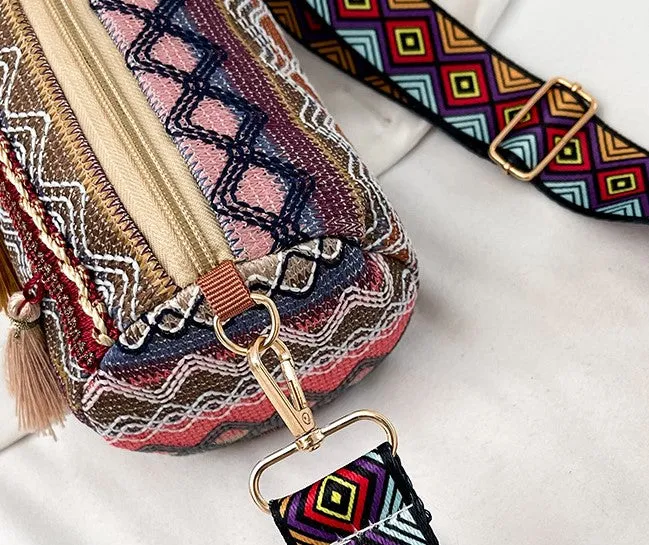 JCBA33003 Ethnic Embroidered Round Barrel Bag with Tassel Details