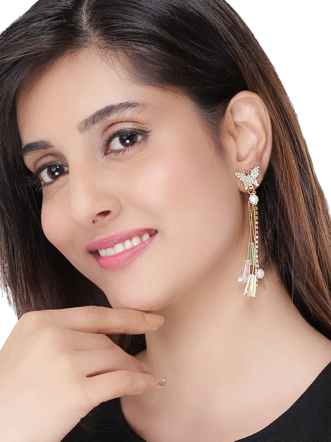 Kairangi Earrings for Women and Girls | Gold Crystal Stoned Long Dangler | Gold Plated Earring with Pearls| Butterfly Shaped Western Dangler | Birthday Gift for girls & women Anniversary Gift for Wife