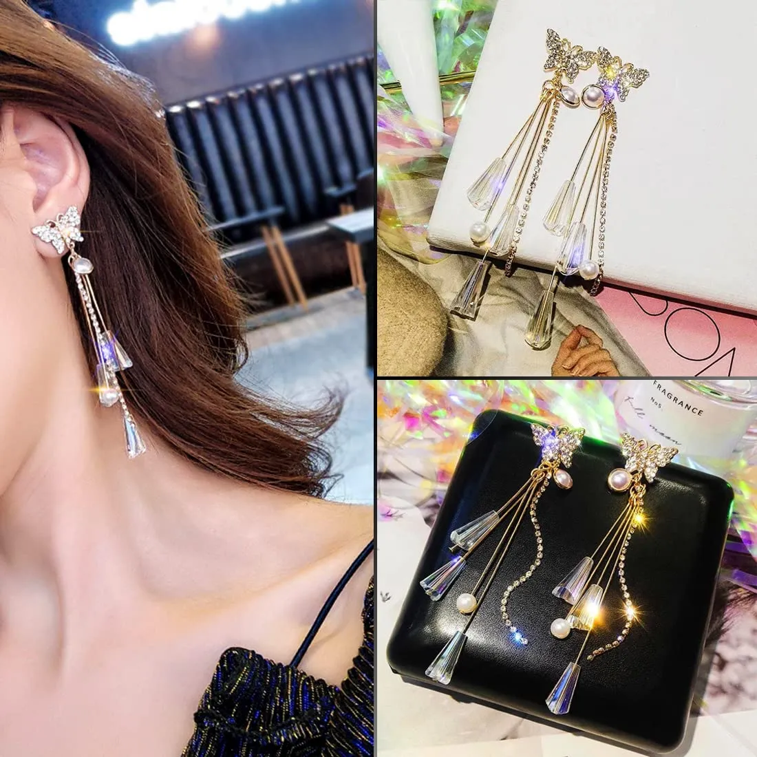 Kairangi Earrings for Women and Girls | Gold Crystal Stoned Long Dangler | Gold Plated Earring with Pearls| Butterfly Shaped Western Dangler | Birthday Gift for girls & women Anniversary Gift for Wife