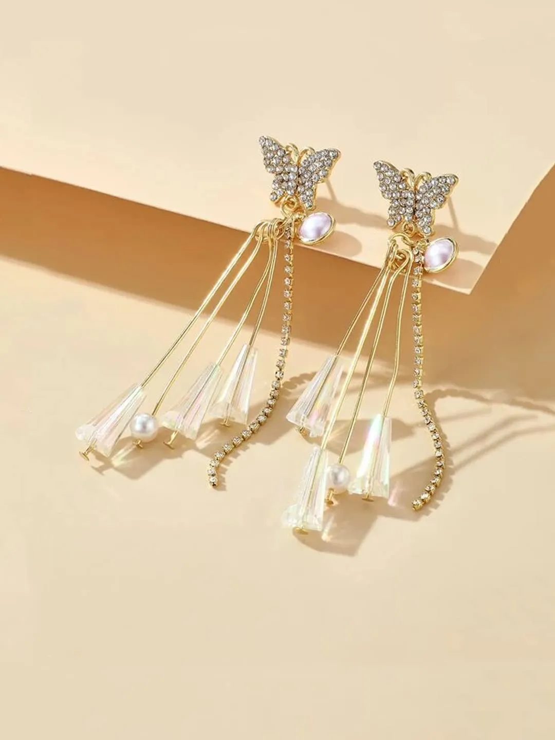 Kairangi Earrings for Women and Girls | Gold Crystal Stoned Long Dangler | Gold Plated Earring with Pearls| Butterfly Shaped Western Dangler | Birthday Gift for girls & women Anniversary Gift for Wife