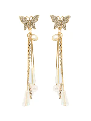 Kairangi Earrings for Women and Girls | Gold Crystal Stoned Long Dangler | Gold Plated Earring with Pearls| Butterfly Shaped Western Dangler | Birthday Gift for girls & women Anniversary Gift for Wife
