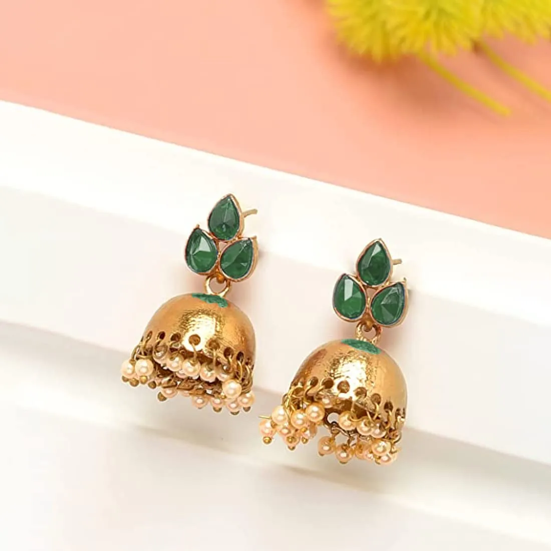 Kairangi Earrings for Women and Girls | Traditional Green and Gold Jhumka | Gold Plated Earring | Leaf Shaped Jhumki with Pearls | Birthday Gift for Girls and Women Anniversary Gift for Wife