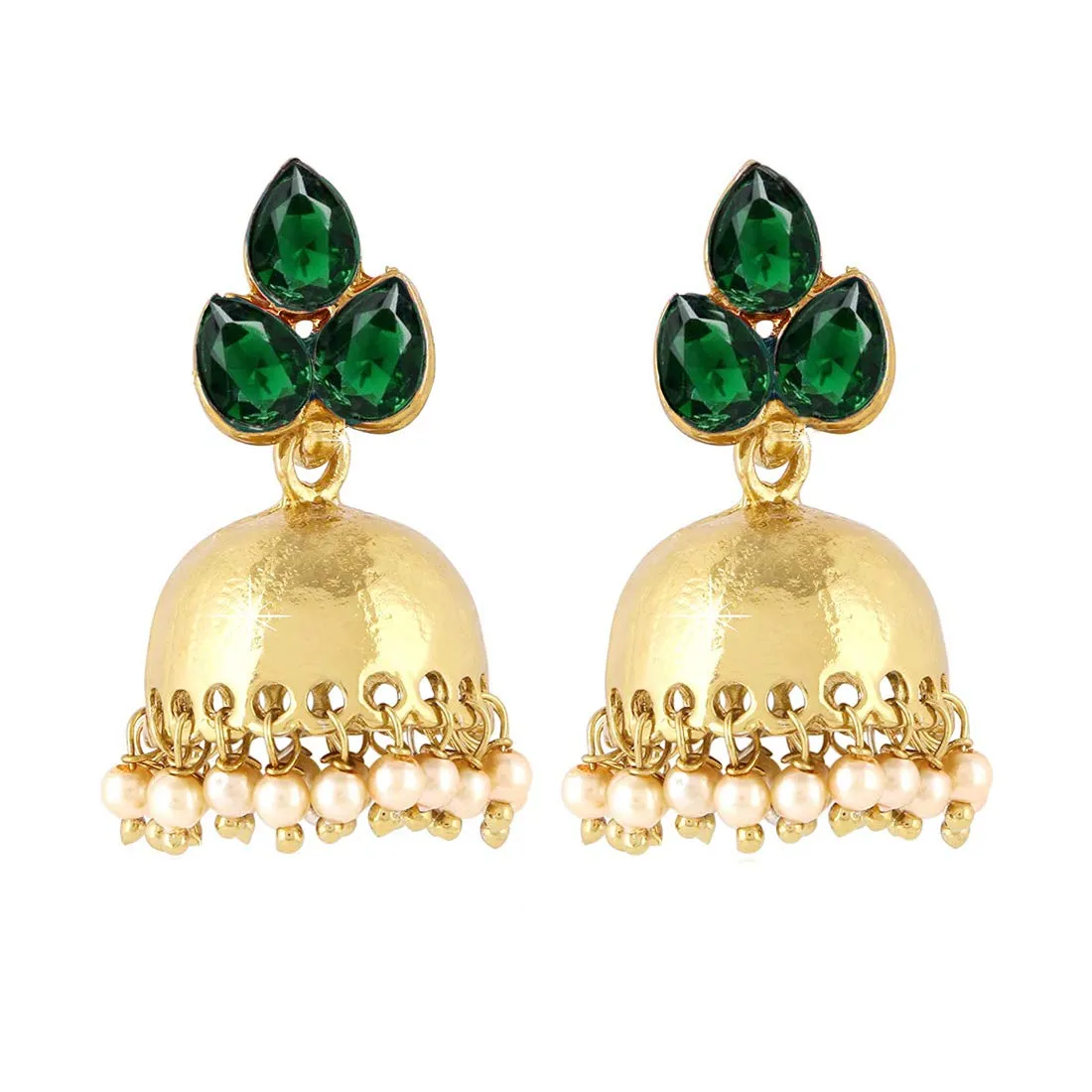 Kairangi Earrings for Women and Girls | Traditional Green and Gold Jhumka | Gold Plated Earring | Leaf Shaped Jhumki with Pearls | Birthday Gift for Girls and Women Anniversary Gift for Wife