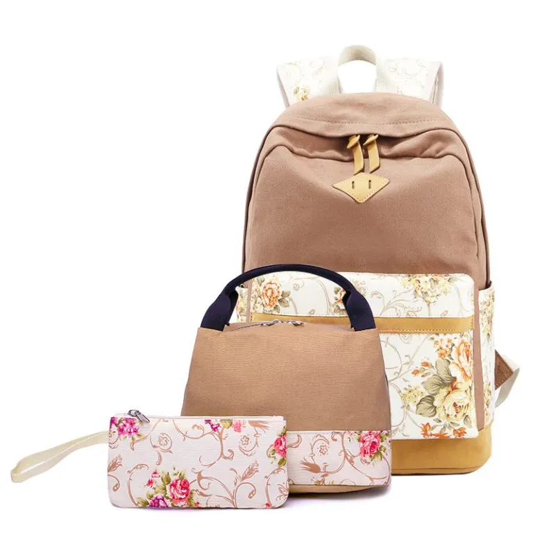 Kids Backpack With Lunch Box Floral School Backpacks - Pink Black Blue Book Bags For Boys Girls Sets Canvas With Lunch Bag Pencil Case