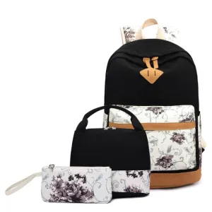 Kids Backpack With Lunch Box Floral School Backpacks - Pink Black Blue Book Bags For Boys Girls Sets Canvas With Lunch Bag Pencil Case