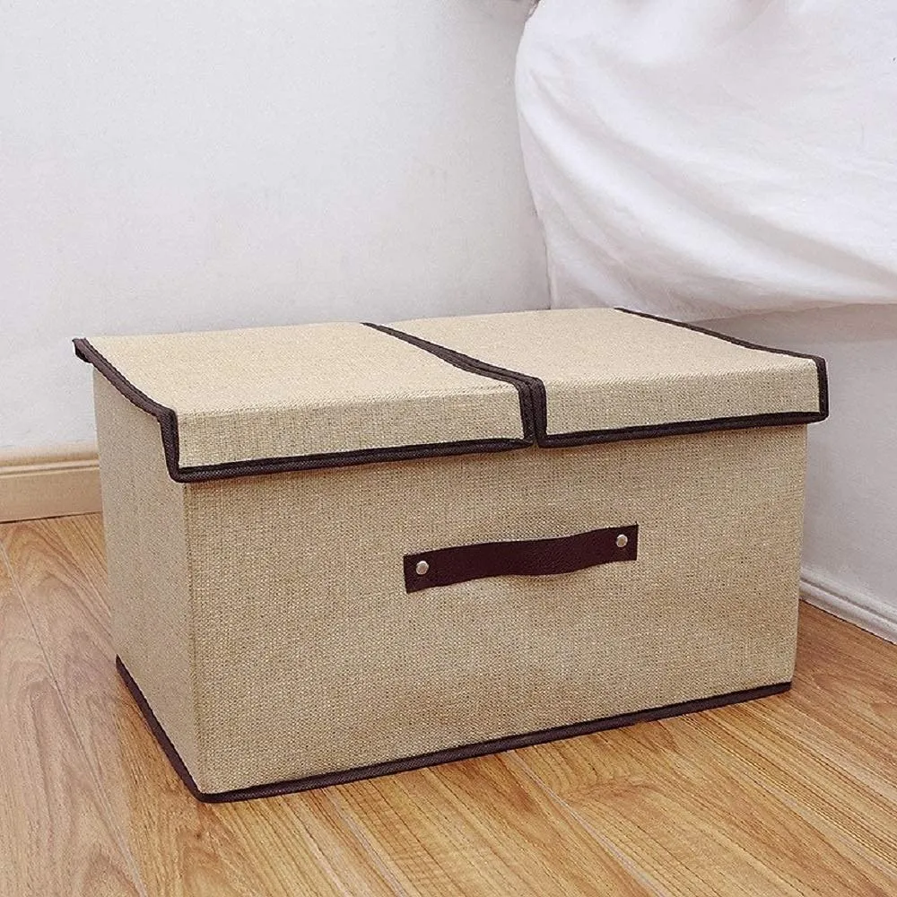 Kuber Industries Double Lid Foldable Storage Box|Toys Storage Bin|Wardrobe Organizer For Clothes|Front Handle & Stackable Pack Of-4 (Beige)