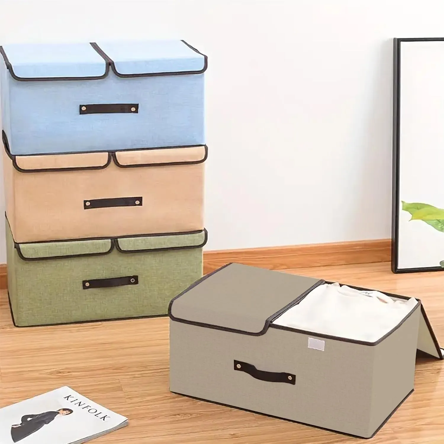 Kuber Industries Double Lid Foldable Storage Box|Toys Storage Bin|Wardrobe Organizer For Clothes|Front Handle & Stackable Pack Of-4 (Beige)