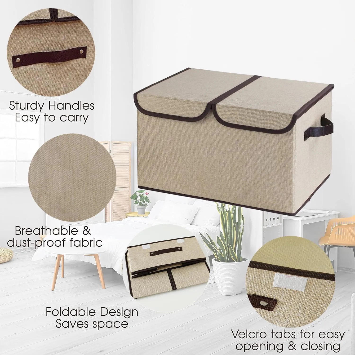 Kuber Industries Double Lid Foldable Storage Box|Toys Storage Bin|Wardrobe Organizer For Clothes|Front Handle & Stackable Pack Of-4 (Beige)