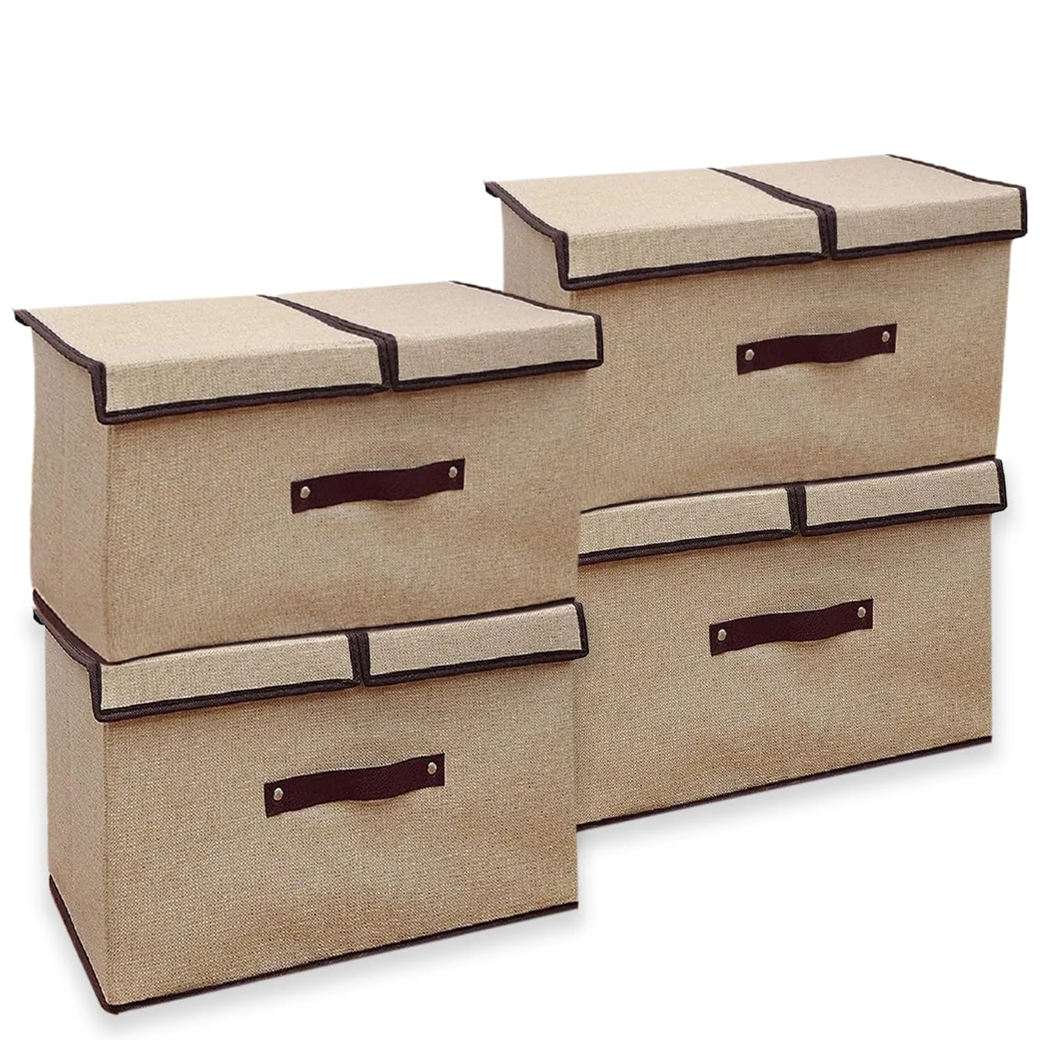 Kuber Industries Double Lid Foldable Storage Box|Toys Storage Bin|Wardrobe Organizer For Clothes|Front Handle & Stackable Pack Of-4 (Beige)