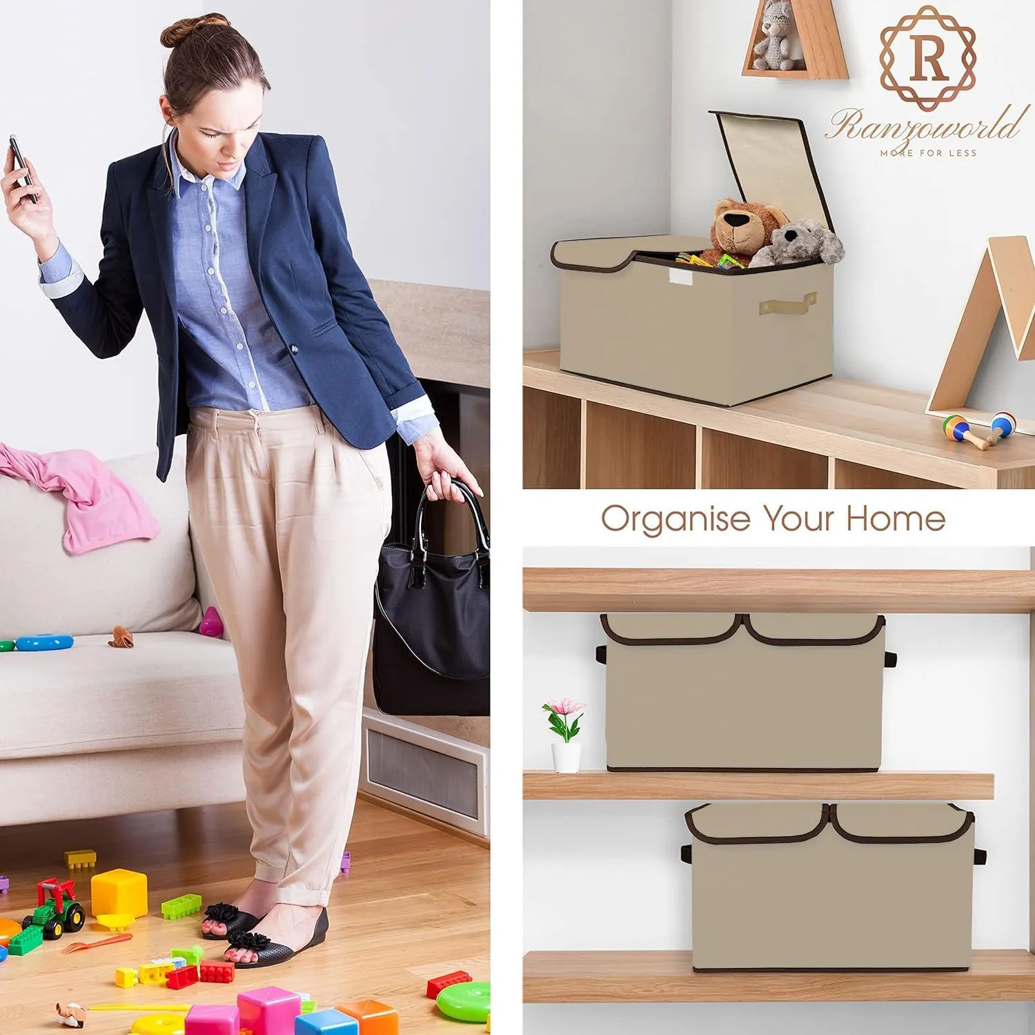 Kuber Industries Double Lid Foldable Storage Box|Toys Storage Bin|Wardrobe Organizer For Clothes|Front Handle & Stackable Pack Of-4 (Beige)