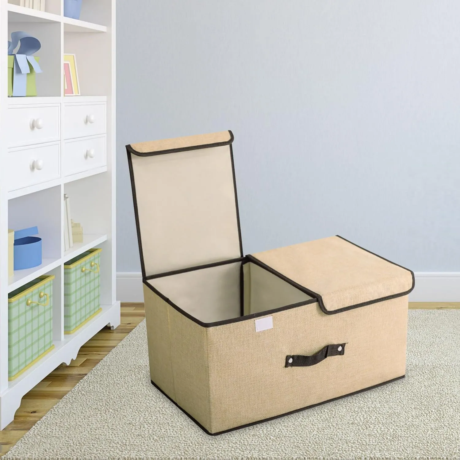 Kuber Industries Double Lid Foldable Storage Box|Toys Storage Bin|Wardrobe Organizer For Clothes|Front Handle & Stackable Pack Of-4 (Beige)