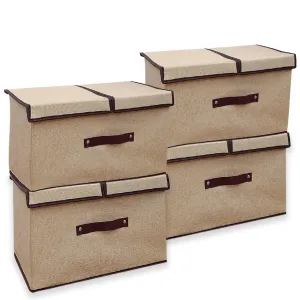 Kuber Industries Double Lid Foldable Storage Box|Toys Storage Bin|Wardrobe Organizer For Clothes|Front Handle & Stackable Pack Of-4 (Beige)