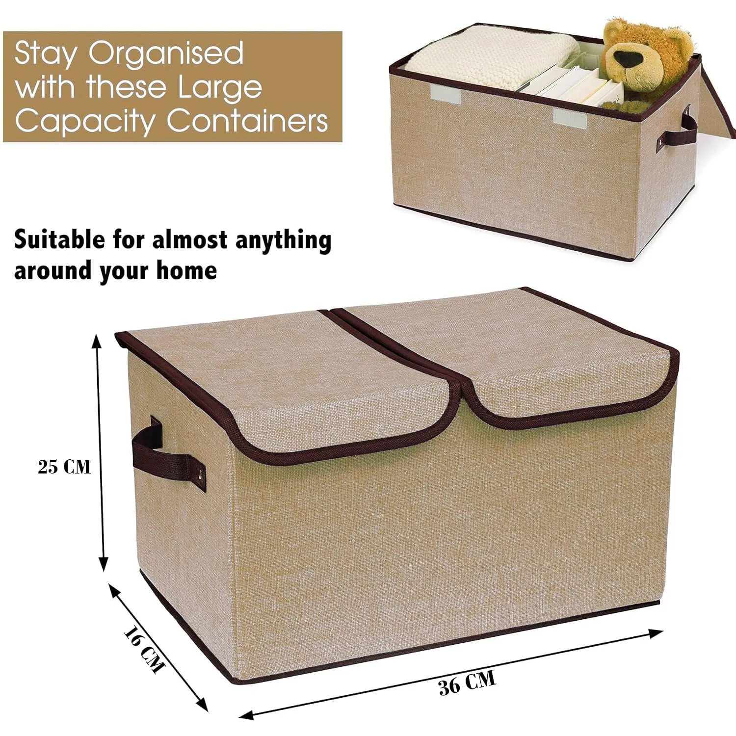 Kuber Industries Double Lid Foldable Storage Box|Toys Storage Bin|Wardrobe Organizer For Clothes|Front Handle & Stackable Pack Of-4 (Beige)
