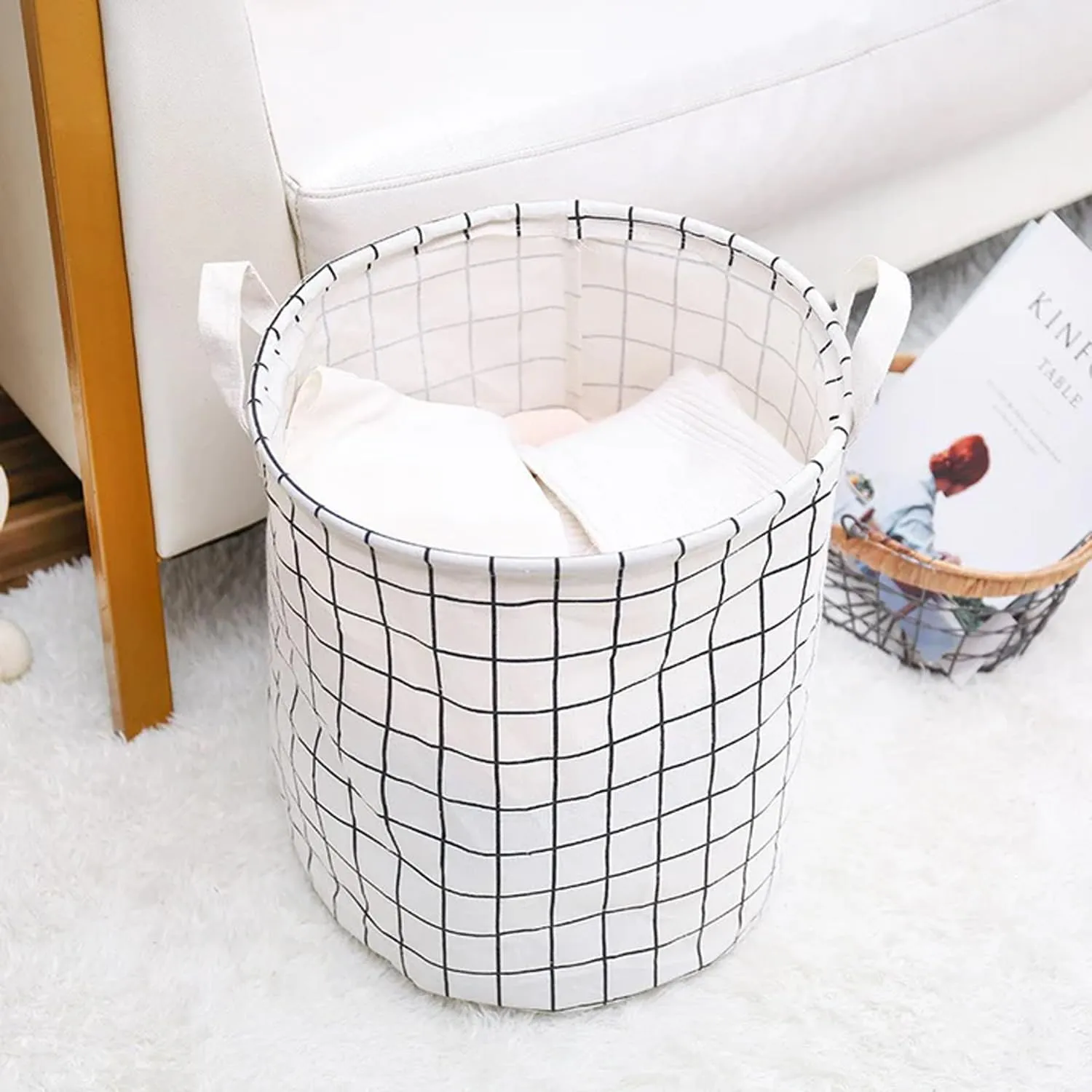 Kuber Industries Pack Of 2 Foldable Storage Basket|Round Toy Storage Bin|Side Grab Handle|Wardrobe, Closet Organizer (White)