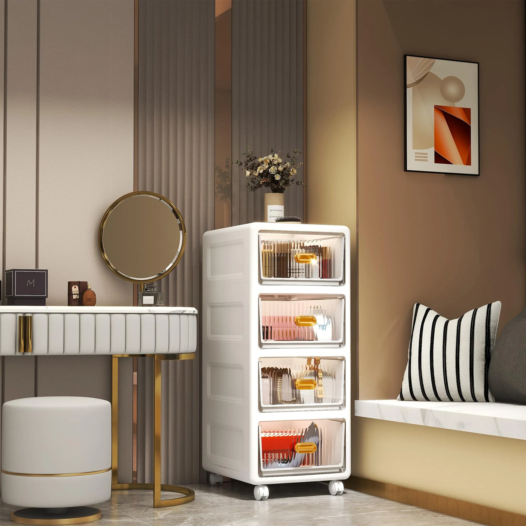 Kuber Industries (Set of 5) Single Door Cupboard for Clothes with 360 Degree Wheels - Thin Plastic Almirah for Baby Items, Kids Toys, Storage - White