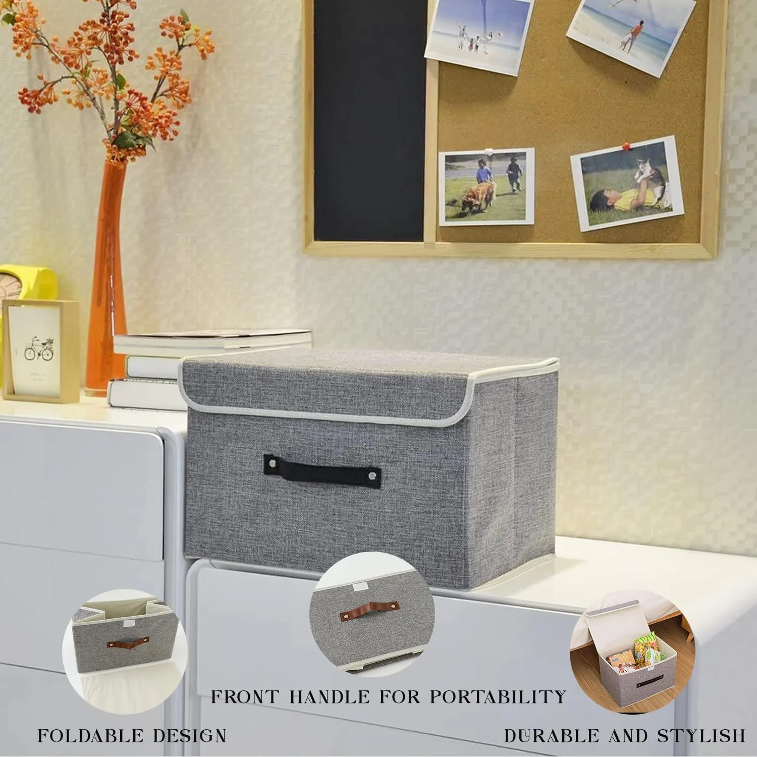 Kuber Industries Small Storage Box With Lid|Foldable Toys Storage Bin|Wardrobe Organizer For clothes|Front Handle & Sturdy Pack Of-6 (Grey)