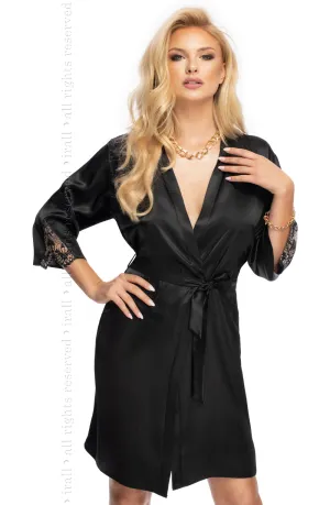 Ladies Elegant High Quality Satin Floral Embroidered Lace Trim Long Sleeves Dressing Gown