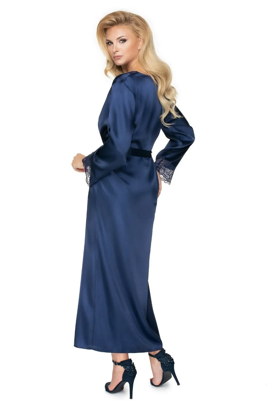 Ladies Gorgeous Navy Satin Floral Lace Trim Long Dressing Gown