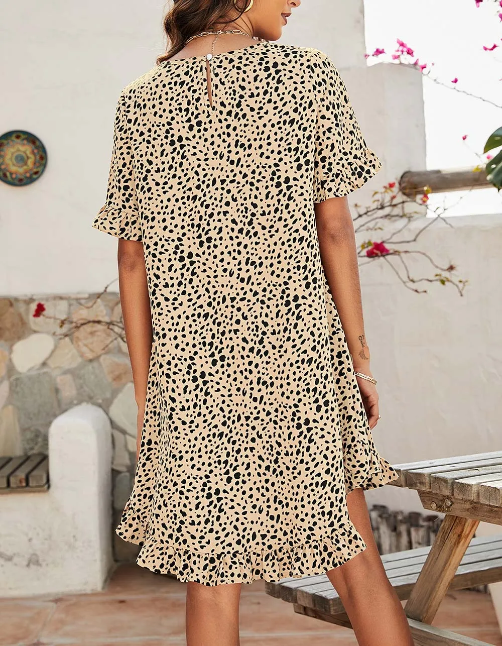 Leopard Print Round Neck Short Sleeve Ruffle Short A-Line Dresses
