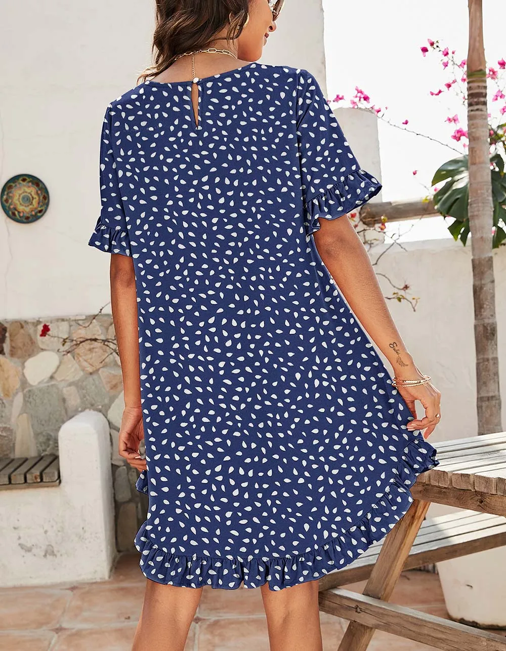 Leopard Print Round Neck Short Sleeve Ruffle Short A-Line Dresses