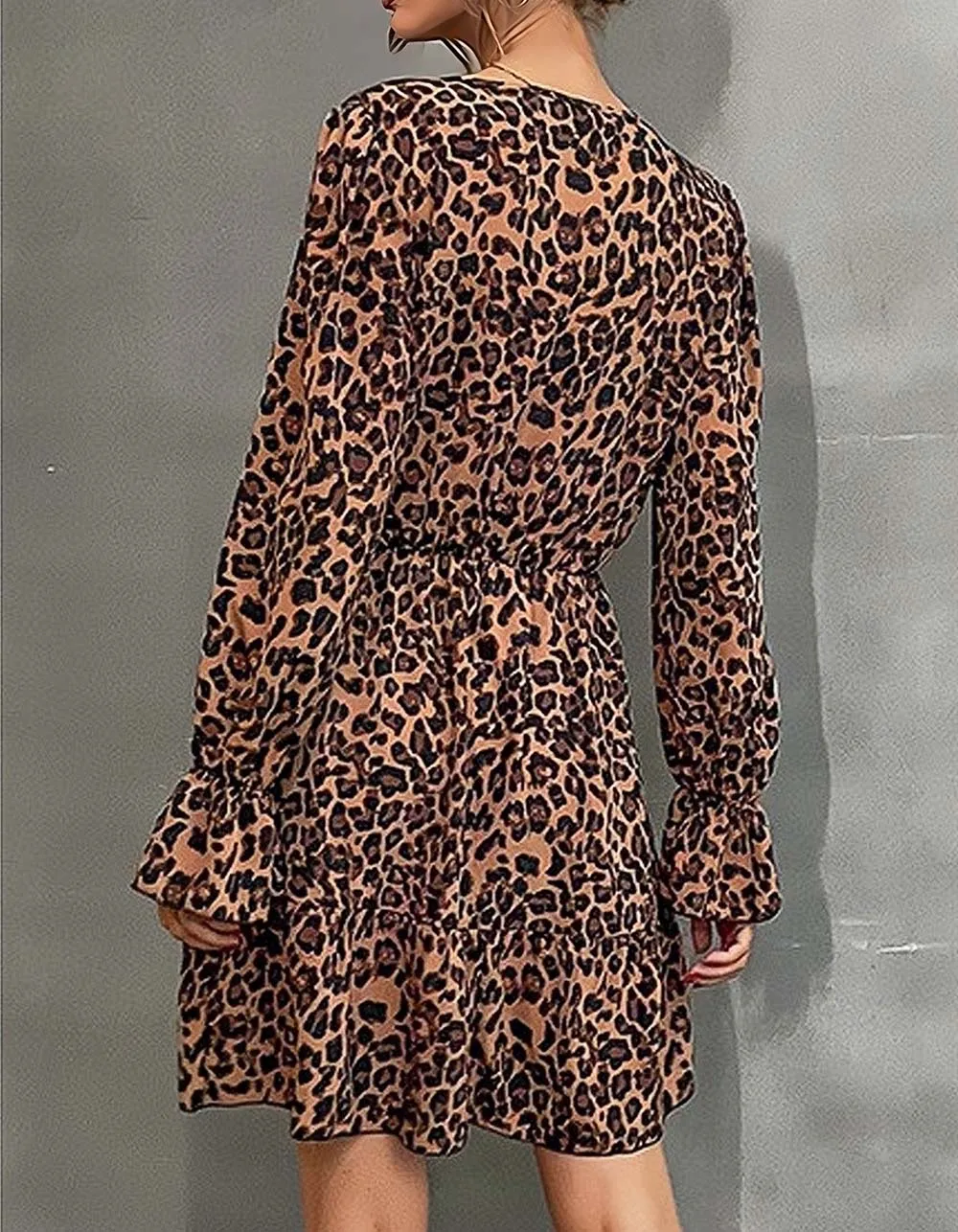 Leopard Printed Long Sleeve VNeck High Waist Short A-Line Dresses
