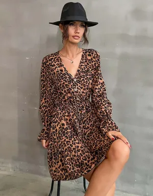 Leopard Printed Long Sleeve VNeck High Waist Short A-Line Dresses