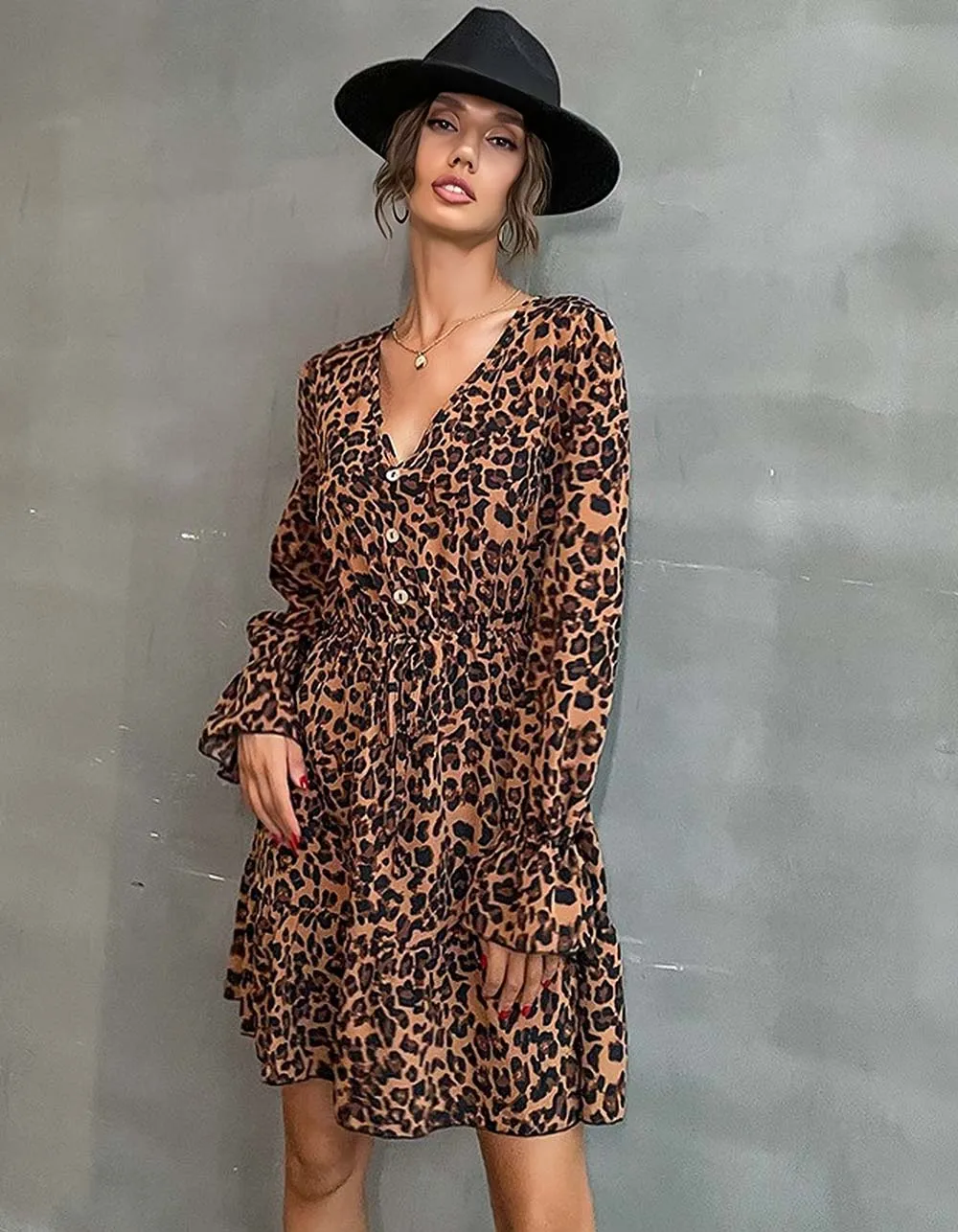 Leopard Printed Long Sleeve VNeck High Waist Short A-Line Dresses