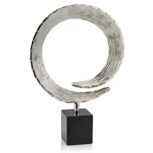 LG Cola Large Marble Base, Circle, Sculpture, Silver, Black, Accents, Décor, Centerpiece, Desk, Home, Office, Tail, Abstract, Aluminum, Modern, 12" x 3.75" x 16.5"