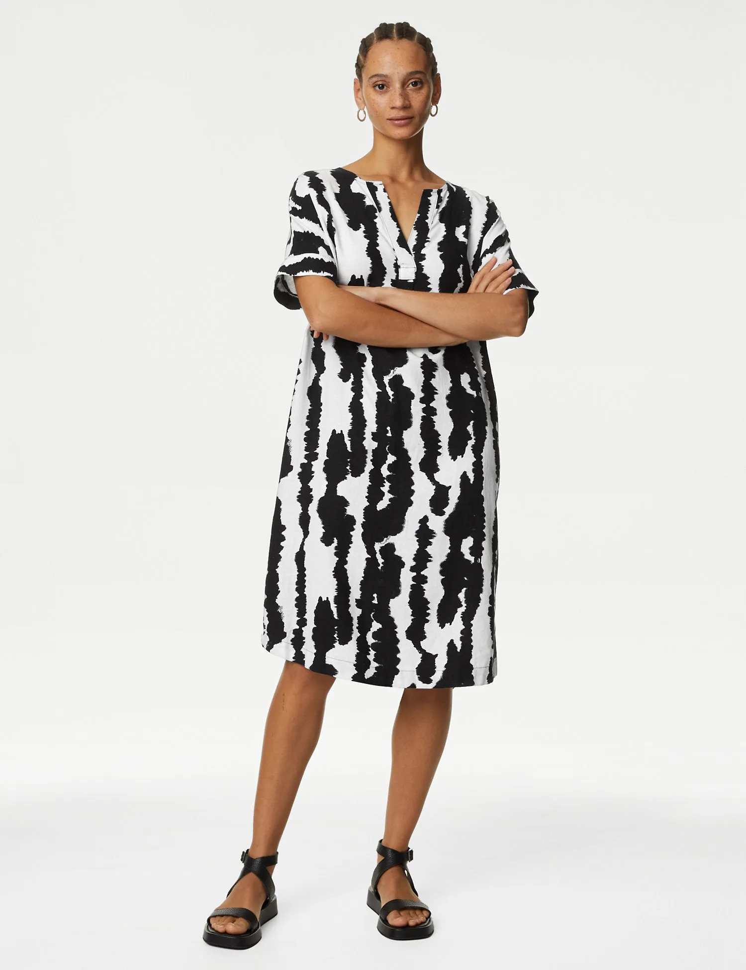 Linen Rich Printed V-Neck Shift Dress