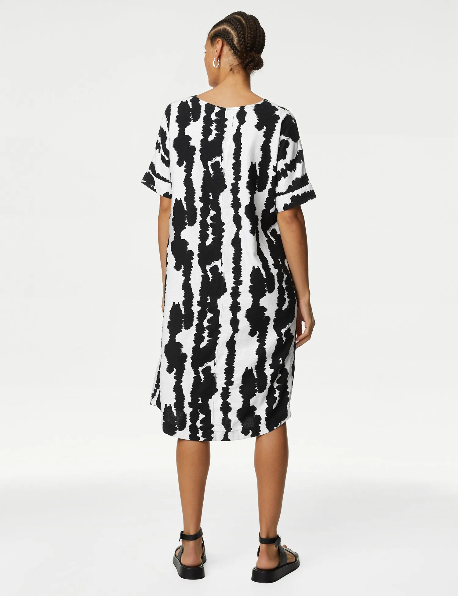 Linen Rich Printed V-Neck Shift Dress