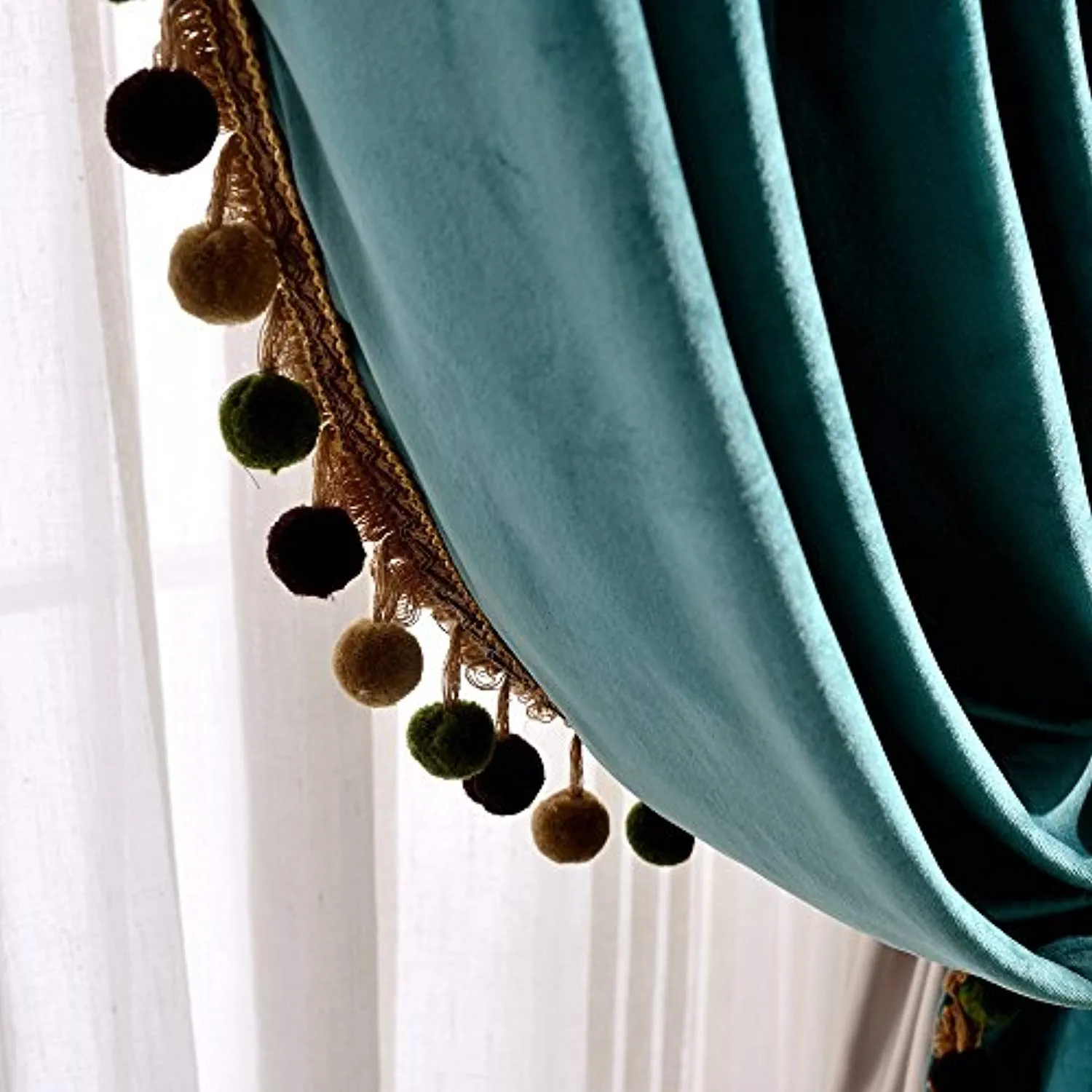 Luxury Pom Poms Velvet Curtains for Bedroom Living Room Thermal Insulated Rod Pocket Drapes, 52x84 Inch