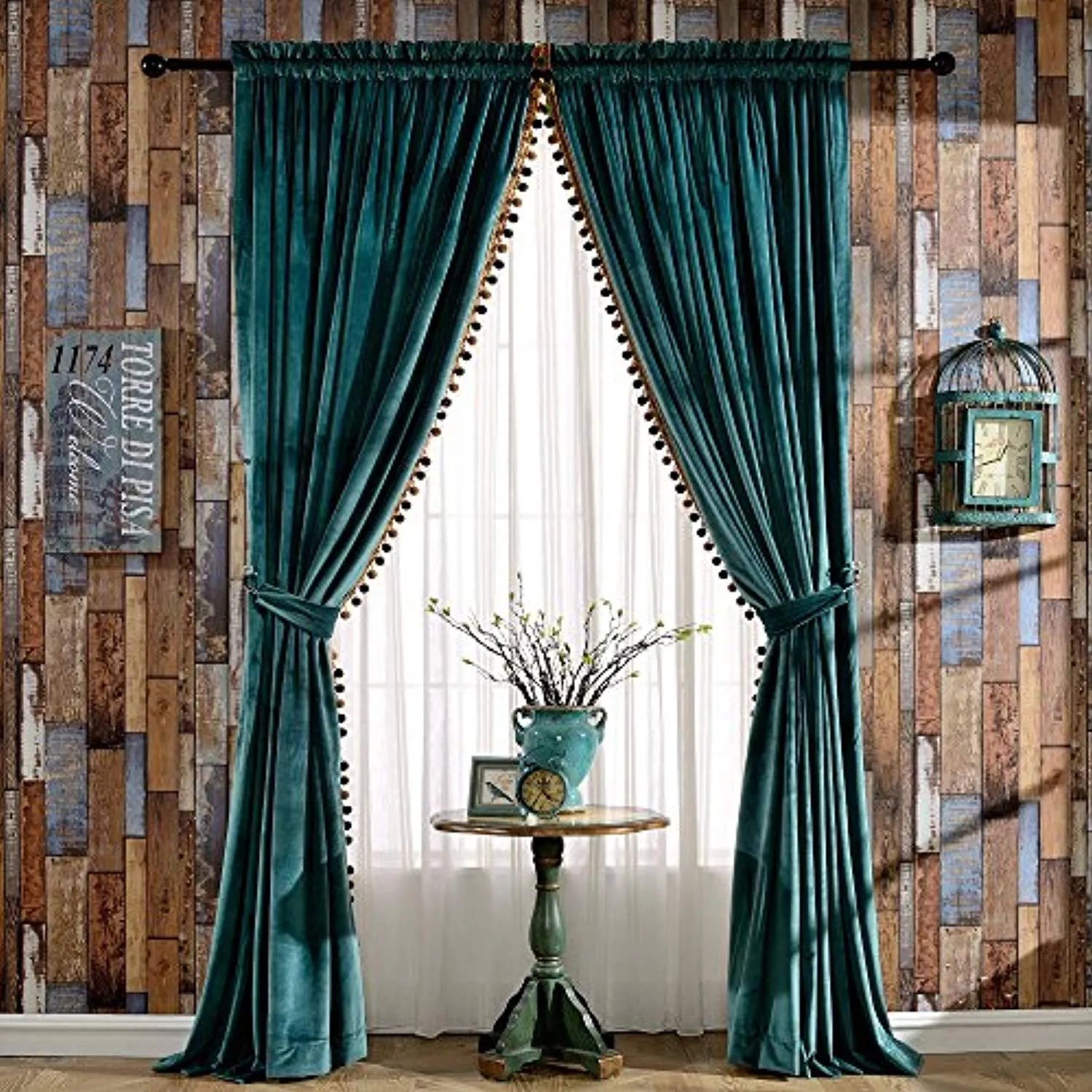 Luxury Pom Poms Velvet Curtains for Bedroom Living Room Thermal Insulated Rod Pocket Drapes, 52x84 Inch