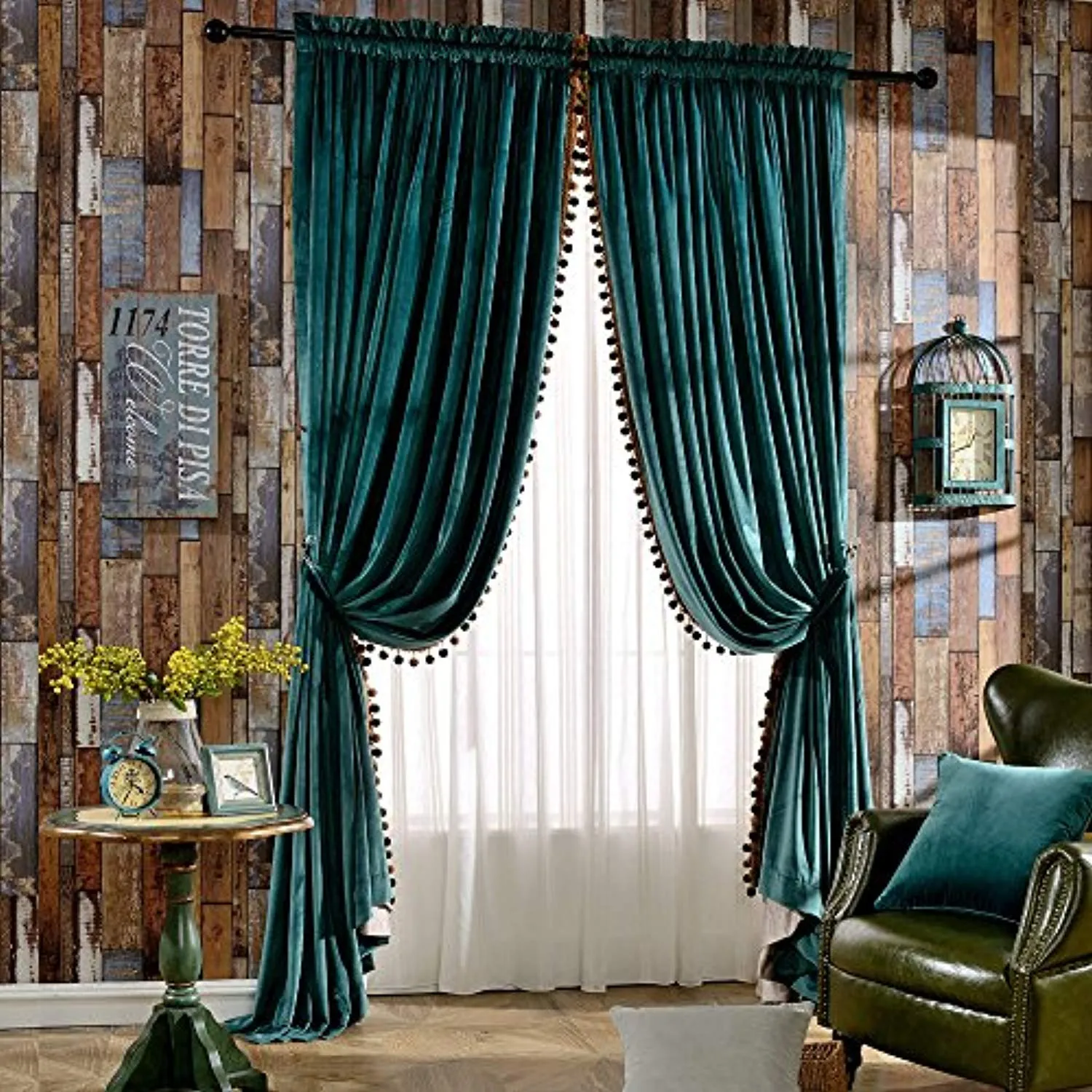 Luxury Pom Poms Velvet Curtains for Bedroom Living Room Thermal Insulated Rod Pocket Drapes, 52x84 Inch