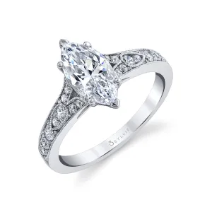 Marquise Cut Vintage Inspired Engagement Ring - Chereen 14k Gold White
