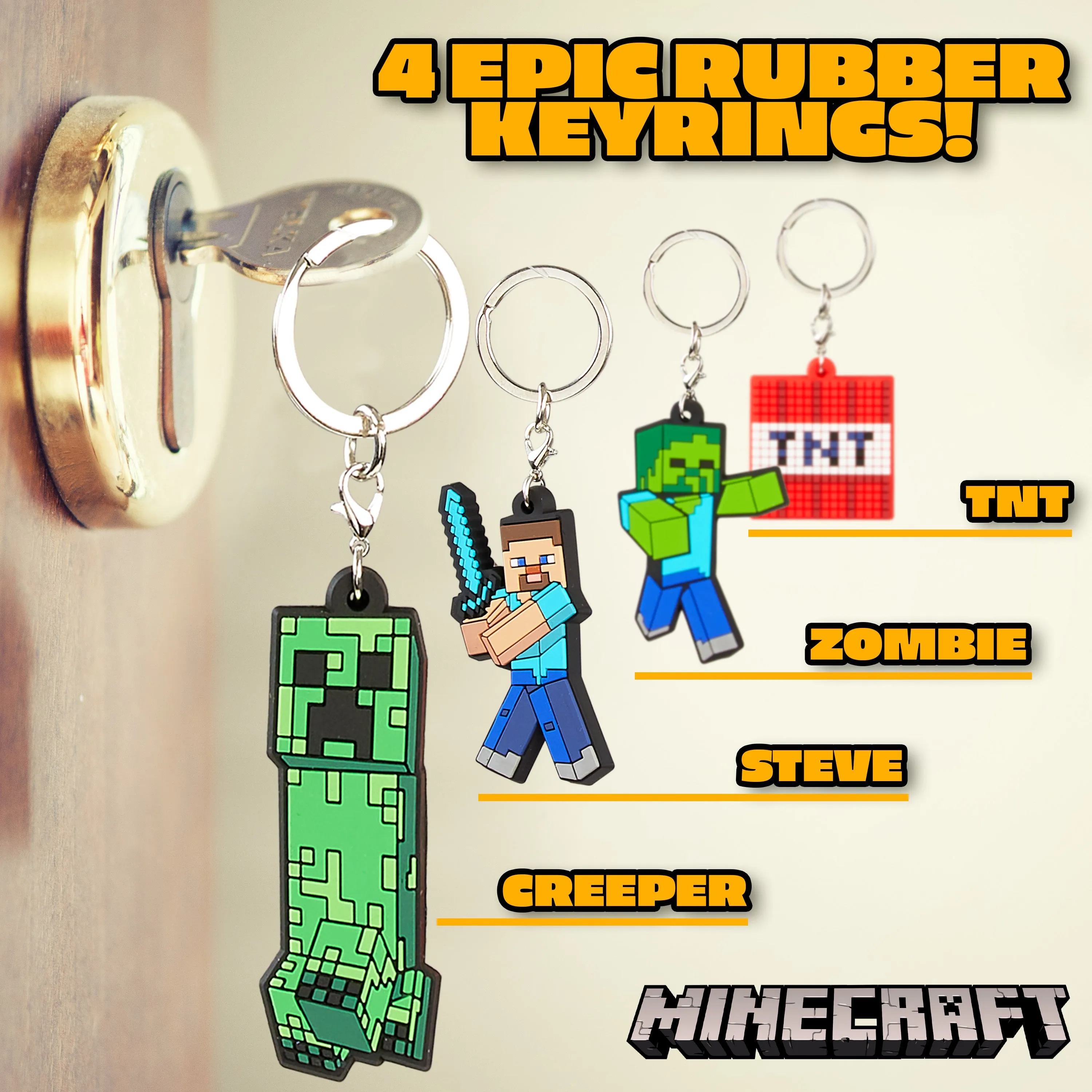 Minecraft Keyring - Set of 4 Gaming Keyrings for Kids