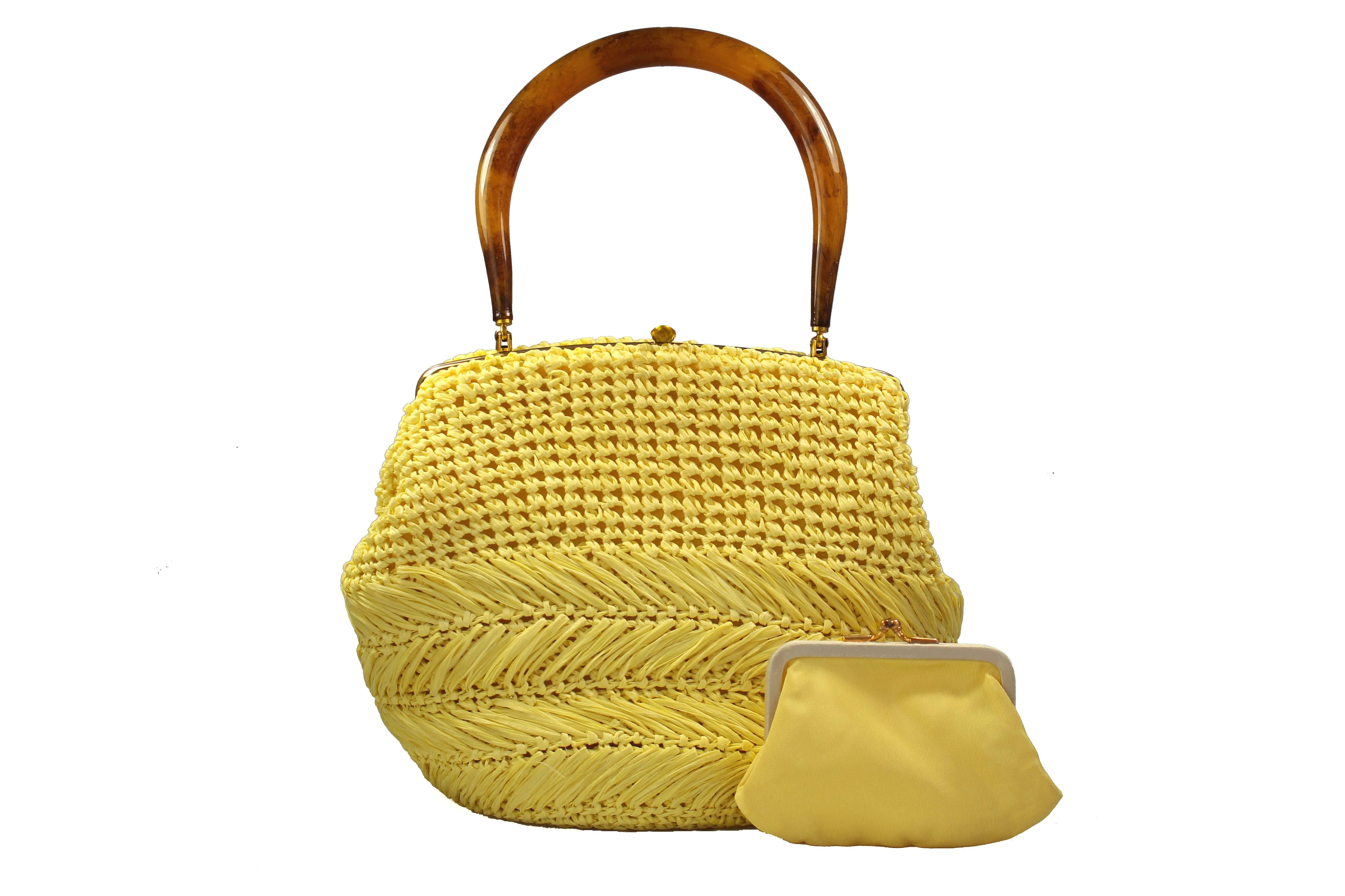 MORRIS MOSKOWITZ yellow raffia purse with lucite handle