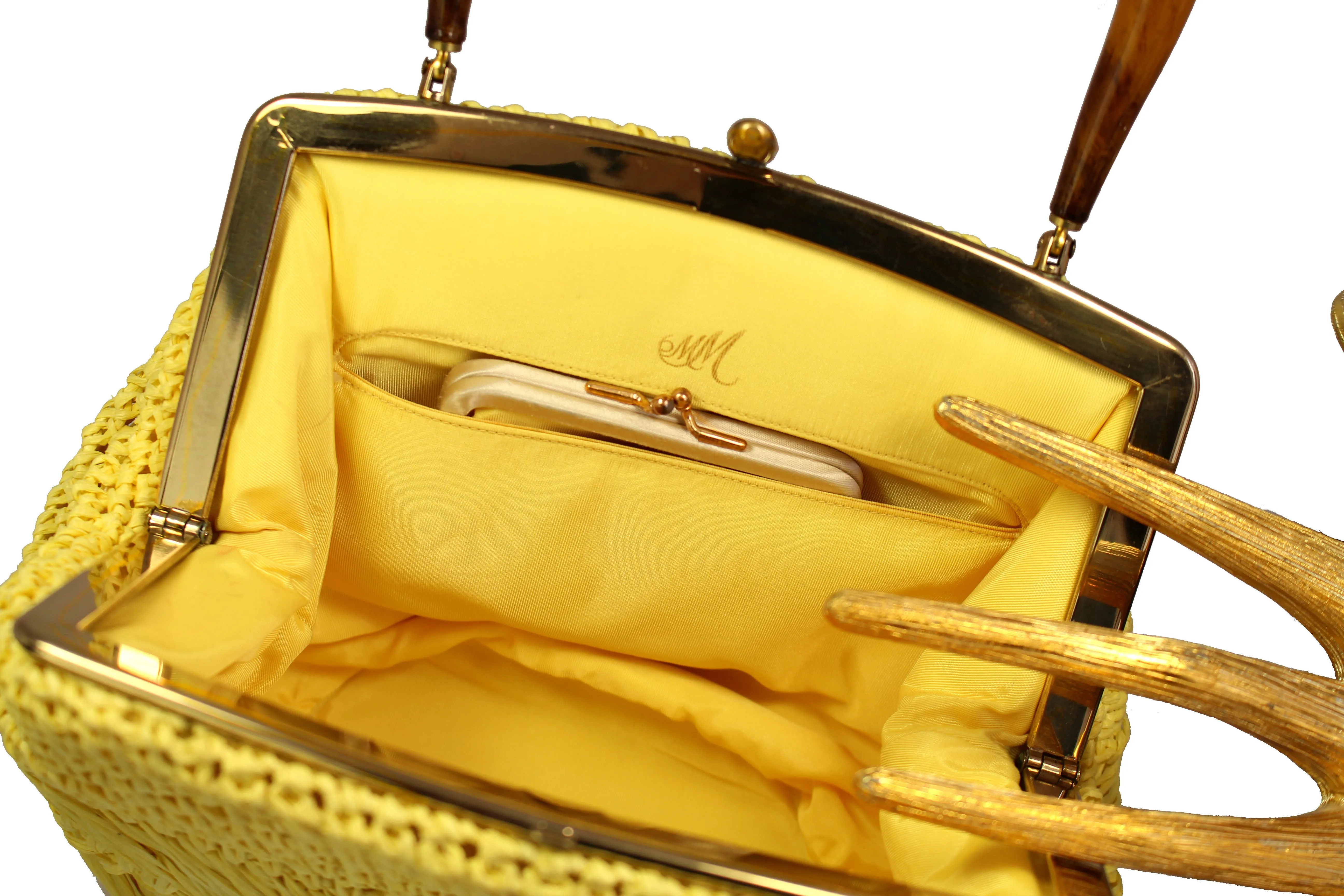 MORRIS MOSKOWITZ yellow raffia purse with lucite handle