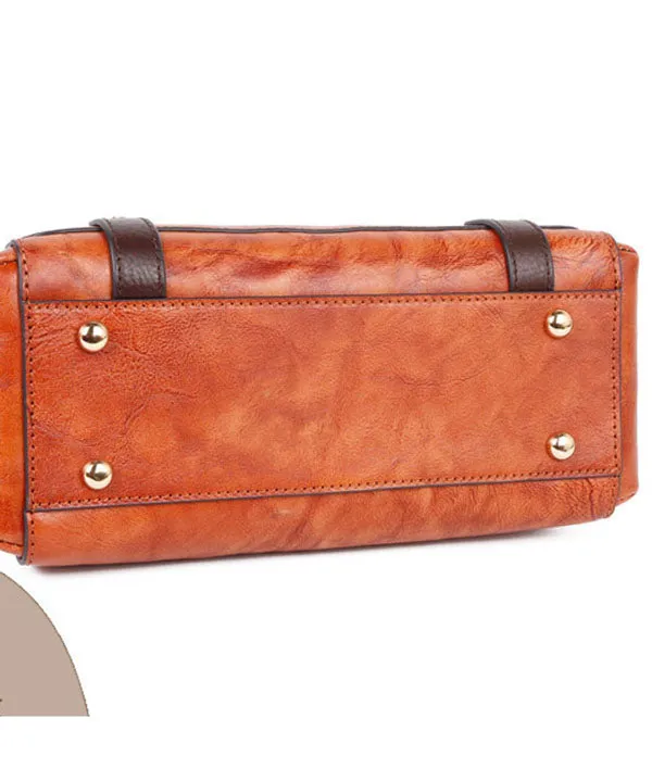 Natural Red Brown Floral Paitings Leather Satchel Handbag