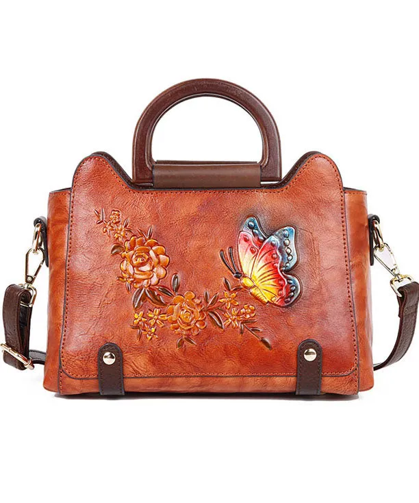Natural Red Brown Floral Paitings Leather Satchel Handbag