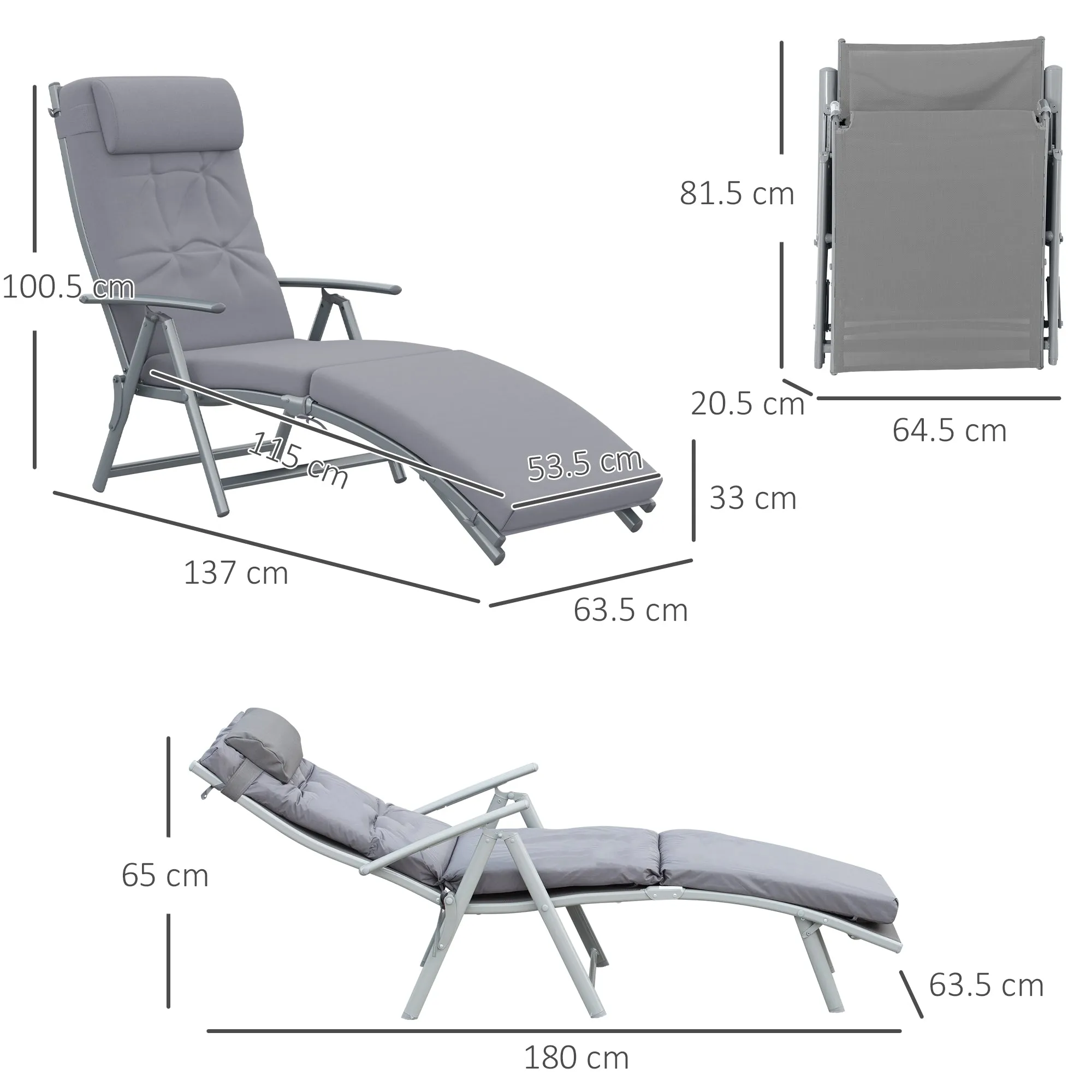 Outsunny Sun Lounger Recliner Foldable Padded Seat Adjustable Texteline Grey