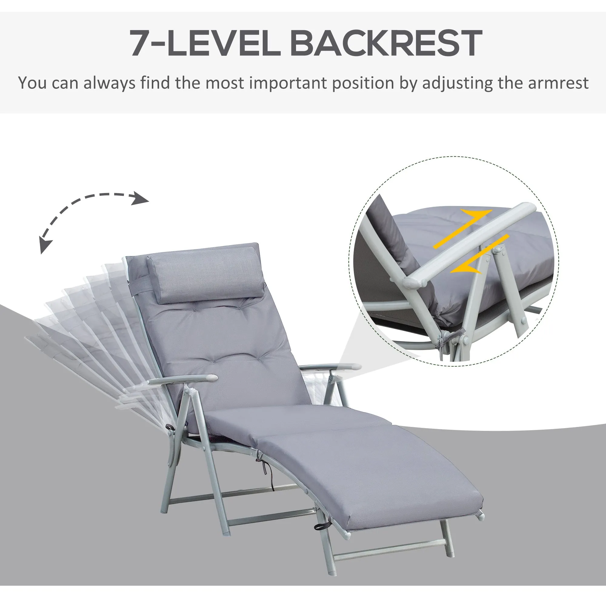 Outsunny Sun Lounger Recliner Foldable Padded Seat Adjustable Texteline Grey