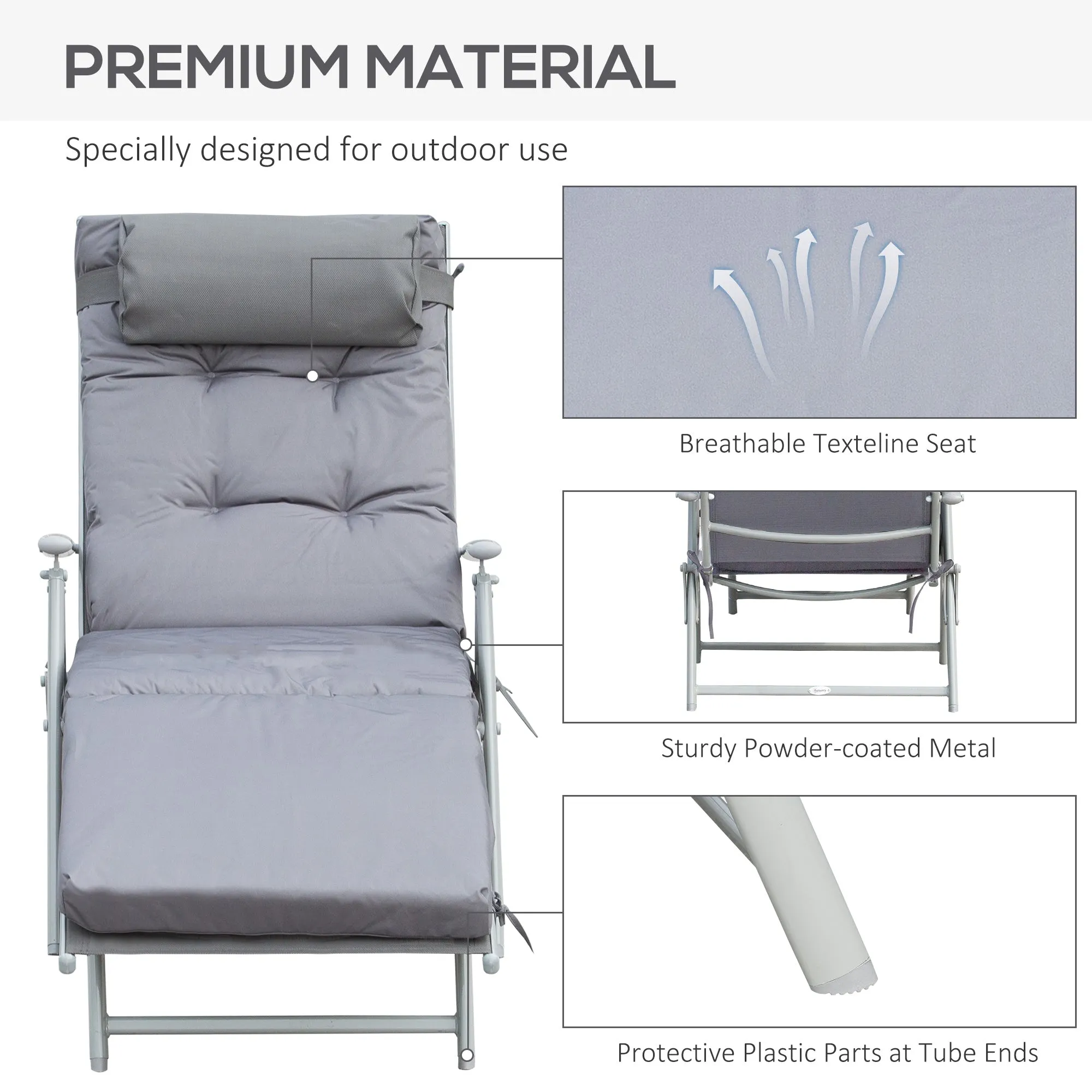 Outsunny Sun Lounger Recliner Foldable Padded Seat Adjustable Texteline Grey