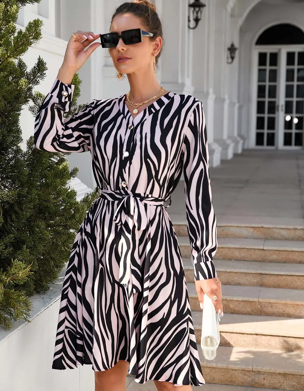 Paisley Printed V Neck Long Sleeve Ruffle Midi A-Line Dresses