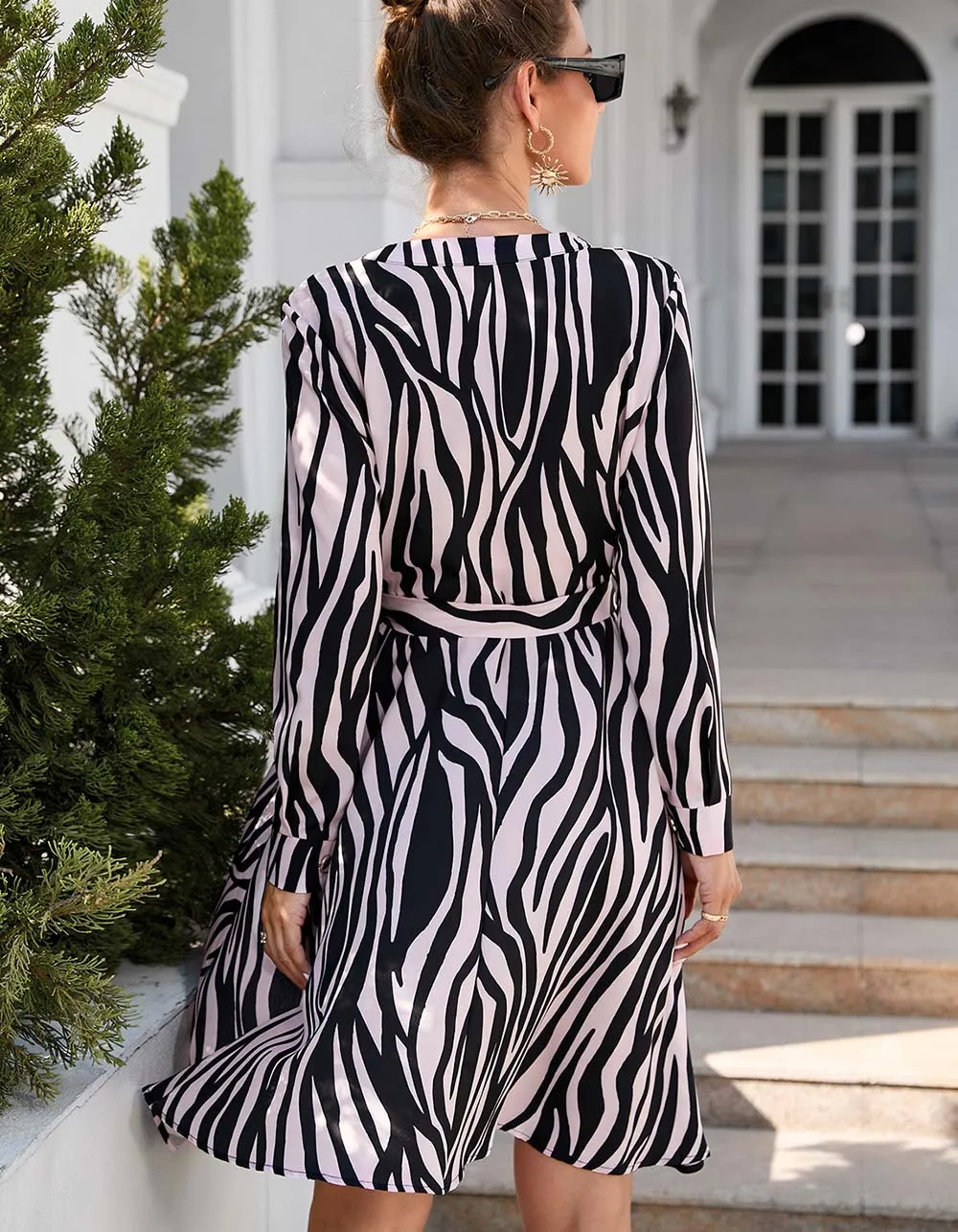 Paisley Printed V Neck Long Sleeve Ruffle Midi A-Line Dresses