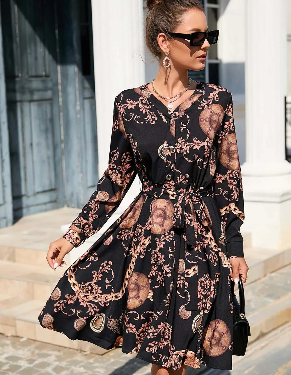 Paisley Printed V Neck Long Sleeve Ruffle Midi A-Line Dresses