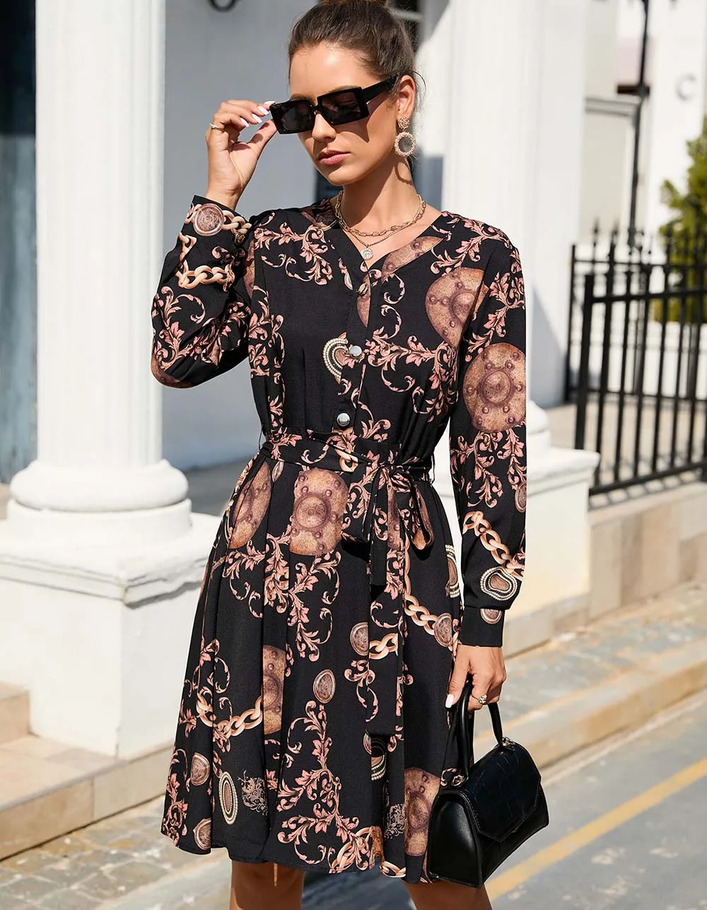 Paisley Printed V Neck Long Sleeve Ruffle Midi A-Line Dresses