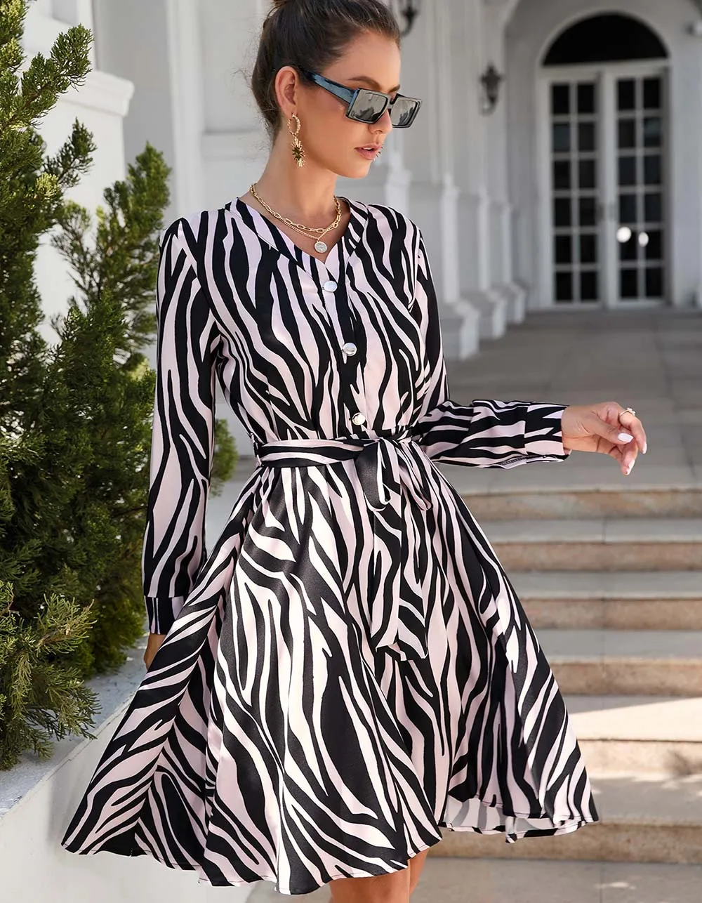 Paisley Printed V Neck Long Sleeve Ruffle Midi A-Line Dresses