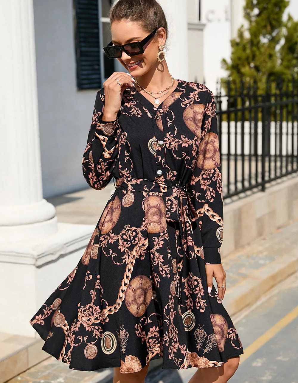 Paisley Printed V Neck Long Sleeve Ruffle Midi A-Line Dresses